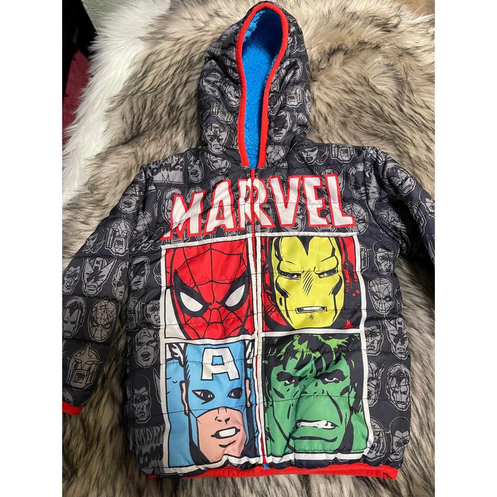 Marvel Avengers Kids Hooded Reversible Blue Puffer Sherpa Jacket Size 2T Used